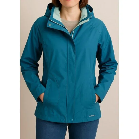 L.L. Bean Jacket S Reg Waterproof Hooded Rain Teal Blue Hiking Travel Gorpcore - Picture 1 of 15